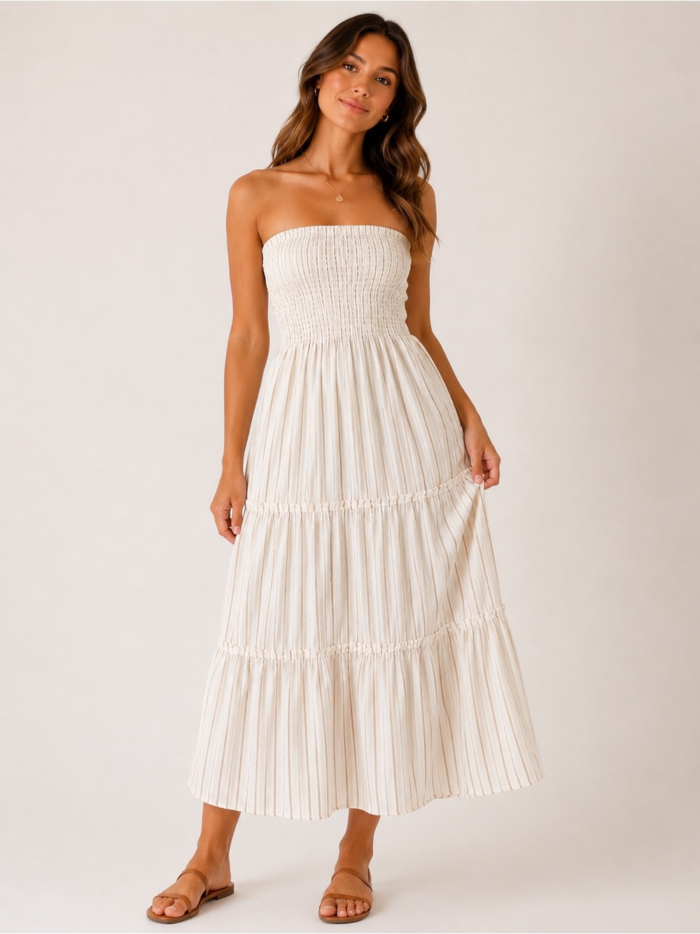 Lusana Strapless Smocked Midi Dress Striped Cream and White